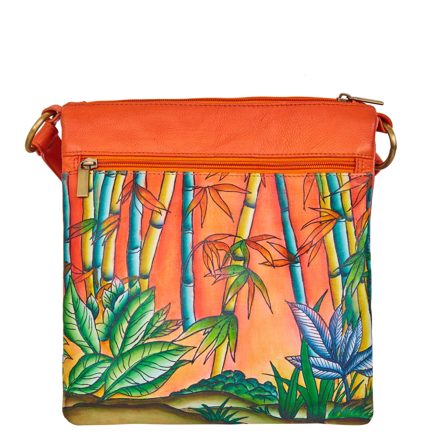 Bamboo & Cheetah Hand-Painted Leather Crossbody Bag - Orange